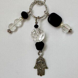 Necklace handmade 3 tier dangle silvertone hamsa clear black glass/beads OOAK